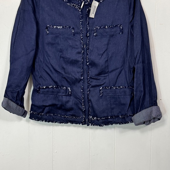 Chico's Karinne Tonga Navy Sophisticated Sass Frayed Trim Jacket Women's Small - Picture 3 of 11